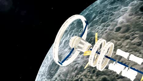 Raumstation-ISS-fliegt-um-den-Mond-herum.-Schöne-detaillierte-Animation.