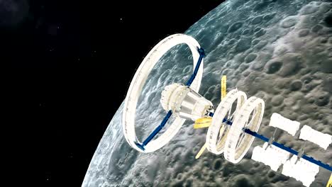 Space-station-flies-around-the-moon.-Beautiful-detailed-animation.