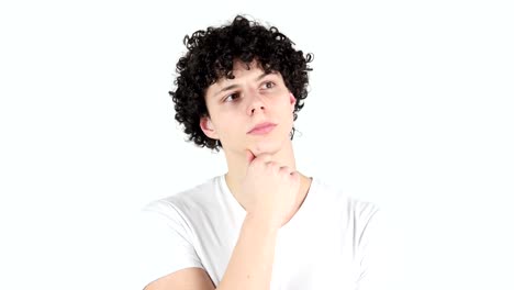 Thinking-Pensive-Young-Man-with-Curly-Hairs,-white-Background