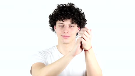 Clapping-Young-Man-with-Curly-Hairs,-white-Background