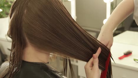 Hand-Haarschneider,-lange-Haare-zu-kämmen,-während-Frau-Haarschnitt-im-Friseursalon.-Friseur,-Schönheitssalon-weiblichen-Haarschnitt-bei-hautnah