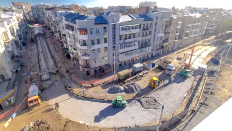 Concrete-works-for-road-maintenance-construction-with-many-workers-and-mixer-timelapse