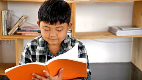 Süße-asiatische-Kinder-lesen-ein-Buch-am-Schreibtisch-im-Zimmer.-Bildungskonzept