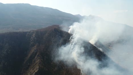 Aerial-footage-of-a-forest-covered-in-thick-smoke