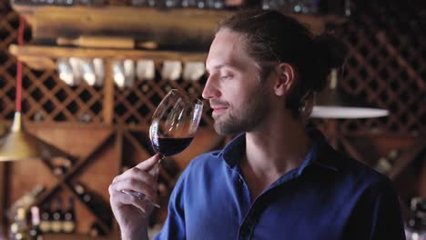 Wine-Tasting.-Man-Smelling,-Drinking-Red-Wine-At-Winery-Cellar