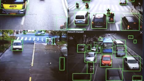 CCTV-Kamera.-Echtzeit-Verfolgung-von-Fahrzeugen-und-Menschen-auf-der-Straße.-Authentisches,-pixeliges-Bild-von-einem-realen-Monitor.