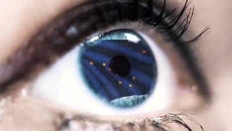 Woman-blue-eye-in-close-up-with-the-flag-of-Alaska-state-in-iris,-united-states-of-america-with-wind-motion.-video-concept