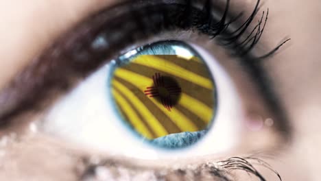 Woman-blue-eye-in-close-up-with-the-flag-of-New-Mexico-state-in-iris,-united-states-of-america-with-wind-motion.-video-concept
