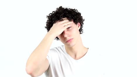 Headache,-Frustrated-Young-Man-with-Curly-Hairs,-white-Background