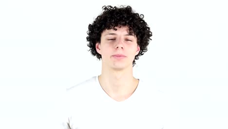 Call-me-Gesture,-Young-Man-with-Curly-Hairs,-white-Background