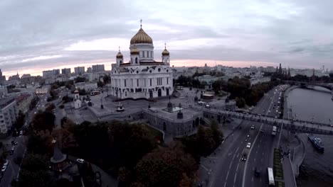 Aerial-shot-of-grand-building-of-Cathedral-of-Christ-the-Saviour.-Famous-Orthodox-Christian-church-and-Moscow-view.-Russia.