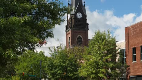 Daytime-Exterior-Establishing-Shot-Church-Steeple-in-Small-Town-USA