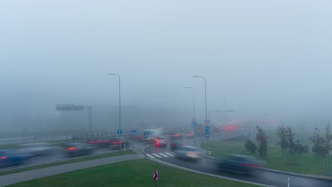 Morning-traffic-jam-in-the-fog,-time-lapse