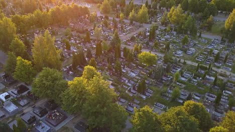 Antenne-des-Friedhof-mit-Bäumen-bei-Sonnenuntergang