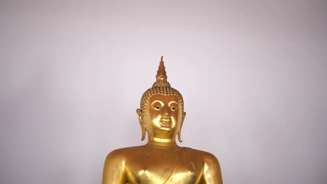 Pull-Out-Shot-of-Golden-Buddha-Statues-on-the-white-wall-at-Wat-Pho,-Bangkok-city,-Thailand