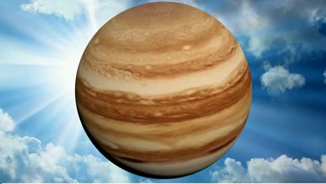 Planet-Jupiter-rotates-against-a-blue-sunny-sky-in-the-background---3D-rendering-video