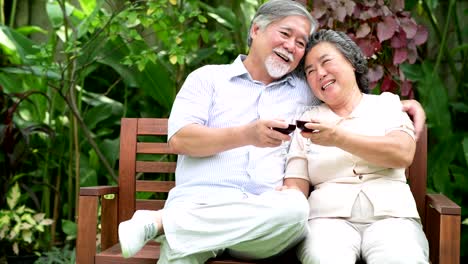 Senior-couple-sitting-and-drinking-red-wine-together-in-home-garden.