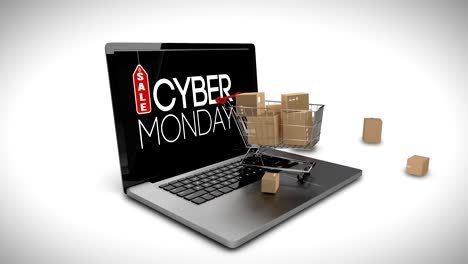 Carro-con-cajas-en-portátil-Mostrar-señal-de-venta-cyber-lunes