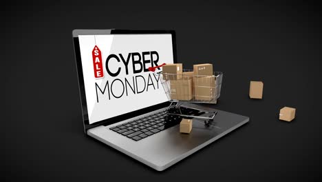 Trolley-with-boxes-on-laptop-displaying-cyber-Monday-sale-sign