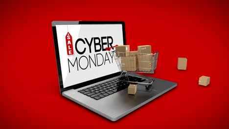 Carro-con-cajas-en-portátil-Mostrar-señal-de-venta-cyber-lunes