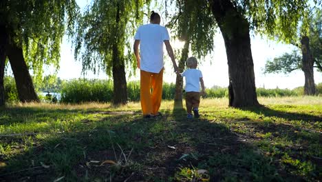 Rear-view-of-young-father-and-little-son-holding-hands-and-walking-through-green-park-at-summer-day.-Happy-family-spending-time-together-at-nature.-Sunlight-at-background.-Slow-motion-Close-up