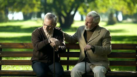 Old-man-supporting-depressed-friend,-sitting-in-park-near-nursing-home,-lost