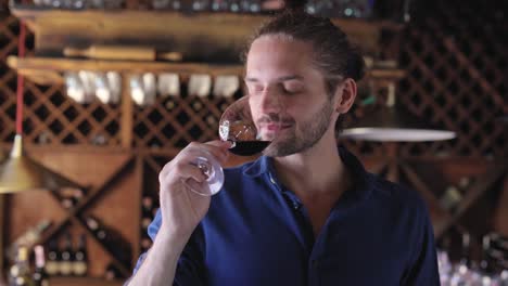 Wine-Tasting.-Man-Smelling,-Drinking-Red-Wine-At-Winery-Cellar