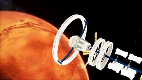 Raumstation-ISS-fliegt-um-den-Mars.-Schöne-detaillierte-Animation.