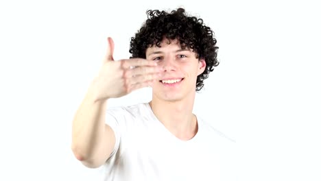 Inviting-Gesture-by-Young-Man-with-Curly-Hairs,-white-Background