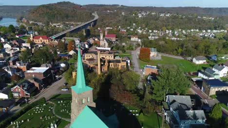 Morning-Exterior-Orbiting-Aerial-Establishing-Shot-of-Brownsville-Pennsylvania