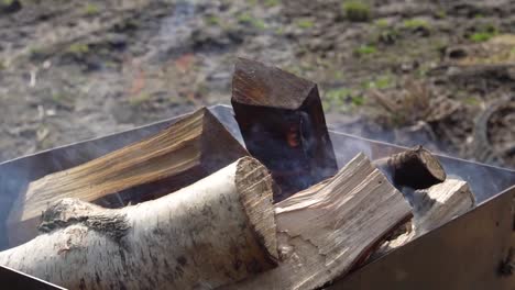 Ignition-of-a-brazier-on-wooden-firewood-slow-motion-video