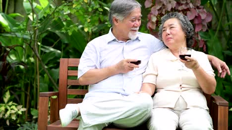 Senior-couple-sitting-and-drinking-red-wine-together-in-home-garden.