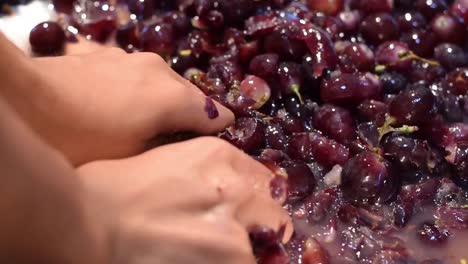 Trauben-Früchte-zu-Hause-Wein-Verarbeitung-gründlich-Zerkleinern-von-Obst-mit-bloßen-Händen