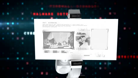 Digitally-generated-video-of-white-robotic-arm-holding-card-with-research-concept