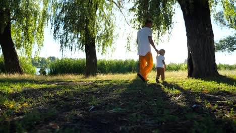 Young-father-and-little-son-walking-through-green-park-and-finding-nest-hole-in-tree-at-summer-day.-Happy-family-spending-time-together-at-nature.-Sunlight-at-background.-Low-angle-view-Slow-motion