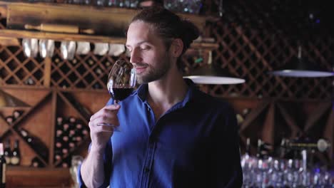 Wine-Tasting.-Man-Smelling,-Drinking-Red-Wine-At-Winery-Cellar