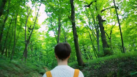 Mujer-de-excursionista-con-mochila,-caminar-en-el-bosque.