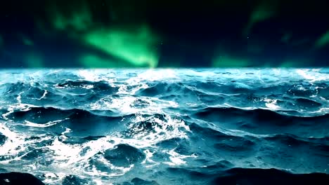 High-quality-animation-of-ocean-waves-with-beautiful-northern-lights-on-the-background.-Looping.