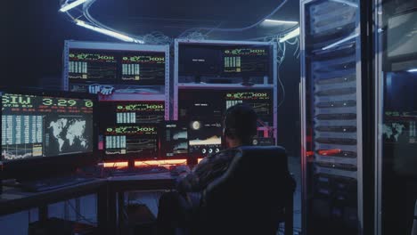 Hacker-using-computer-with-multiple-monitors