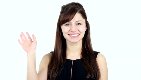 Hello,-Young-Girl-Waving-Hand,-White-Background