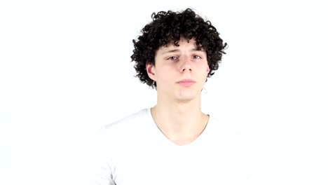 Listening-Carefully,-Young-Man-with-Curly-Hairs,-white-Background