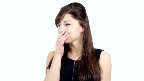 Yawning-Tired-Young-Girl,-White-Background