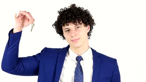 Young-Businessman-Showing-House-Keys,-White-Background