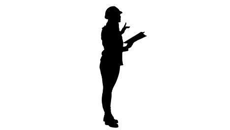 Silhouette-Young-engineer-woman-reading-technical-drawings-and-analyze-it