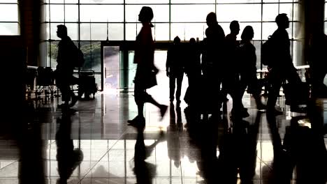 Silhouette-of-passenger-walk-with-trolley-case-at-airport-terminal