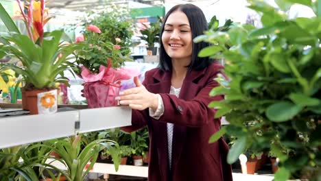 Junge-Frau-kaukasischen-wählt-Blumen-in-Töpfen.-Kindergarten-nach-Hause-Blumen.-Slow-motion