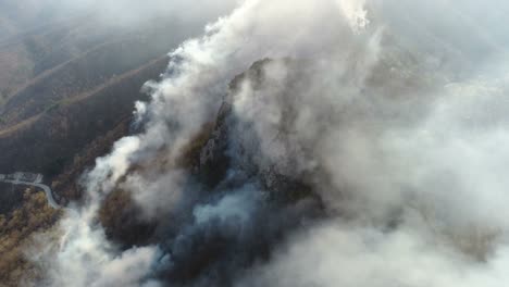 Imágenes-aéreas-del-humo-grueso-cubierto-de-bosques,-la-cámara-va-a-través-del-humo