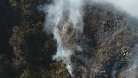 Fire-smoldering-in-the-woods,-a-view-from-a-birds-perspective...