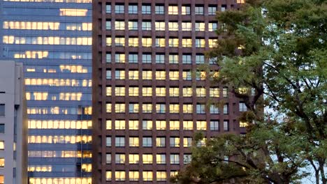 Gelbe-Lichter-aus-den-Glasfenstern-der-Gebäude-in-Tokio