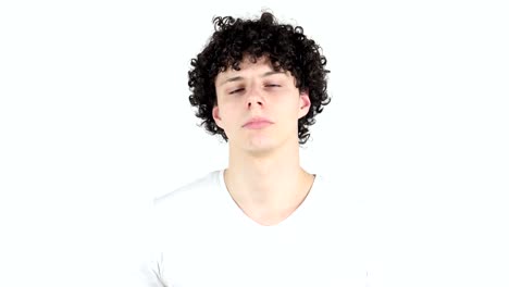 Waving-Finger-to-Reject,-Young-Man-with-Curly-Hairs,-white-Background